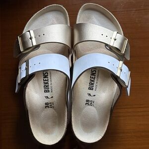 BIRKENSTOCK Arizona Split BirkoFlor Gold White Two-Strap Sandals Sz 38 or 7 US
